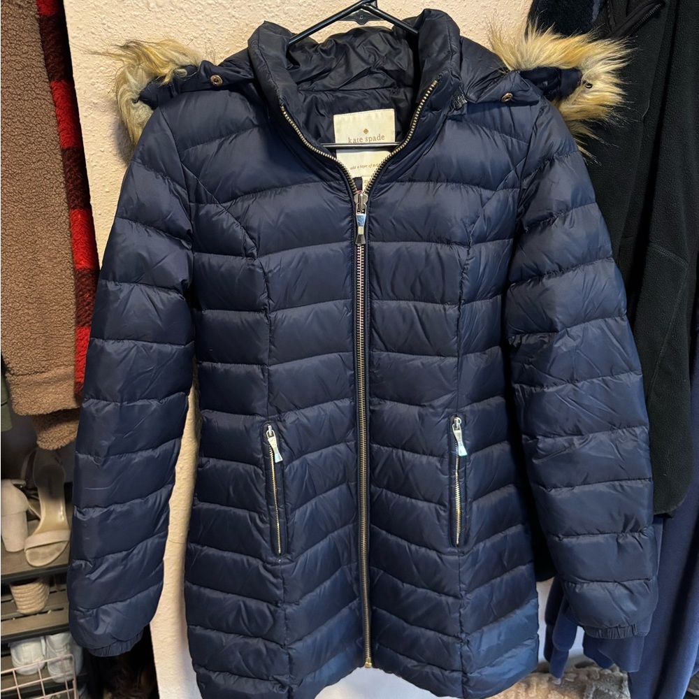 Kate Spade Navy Duck Down Puffer Coat with Faux Fur Hood
